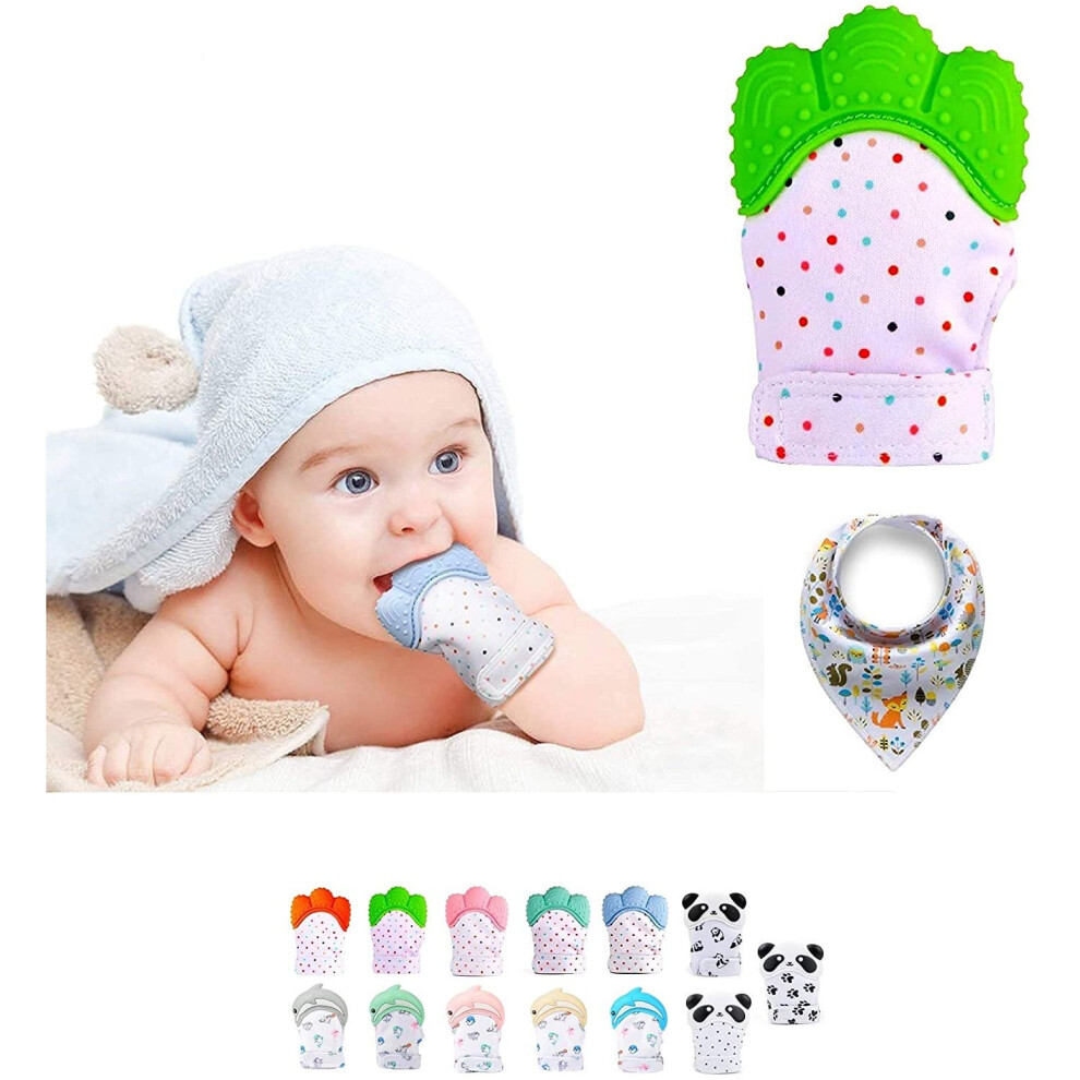 (Green) Silicone Teether Mitten, Self-Soothing Pain Relief Green Funky Planet