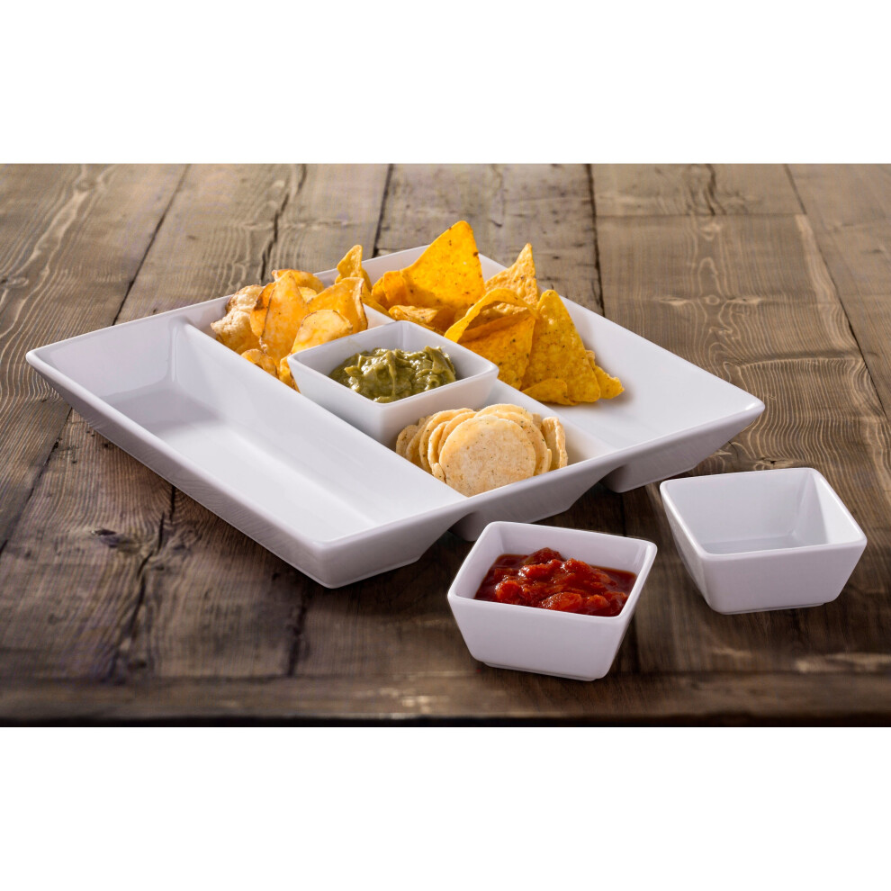 4 Piece White Porcelain Chip and Dip Tray Set