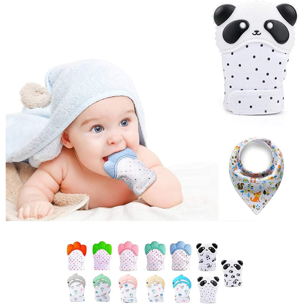 (Panda Dots) Silicone Teether Mitten, Self-Soothing Pain Relief Funky Planet