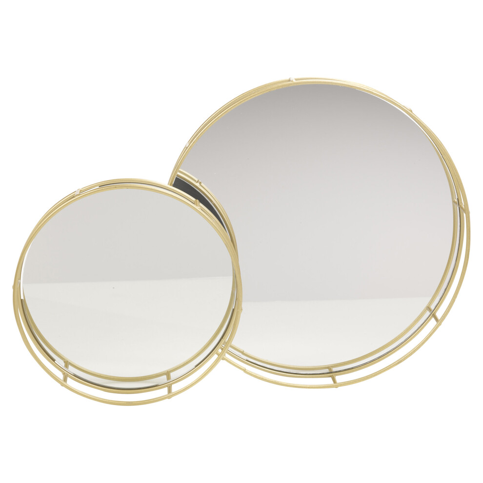 (Round) Set of 2 Metal Gold Decorative Mirror Trays Vanity Perfume Decor Candle Holders