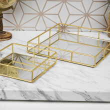 (Square) Set of 2 Metal Gold Decorative Mirror Trays Vanity Perfume Decor Candle Holders