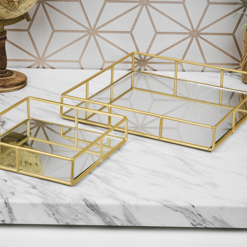 (Square) Set of 2 Metal Gold Decorative Mirror Trays Vanity Perfume Decor Candle Holders