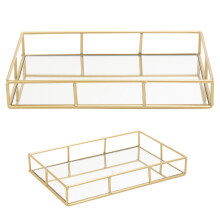(Rectangle) Set of 2 Metal Gold Decorative Mirror Trays Vanity Perfume Decor Candle Holders