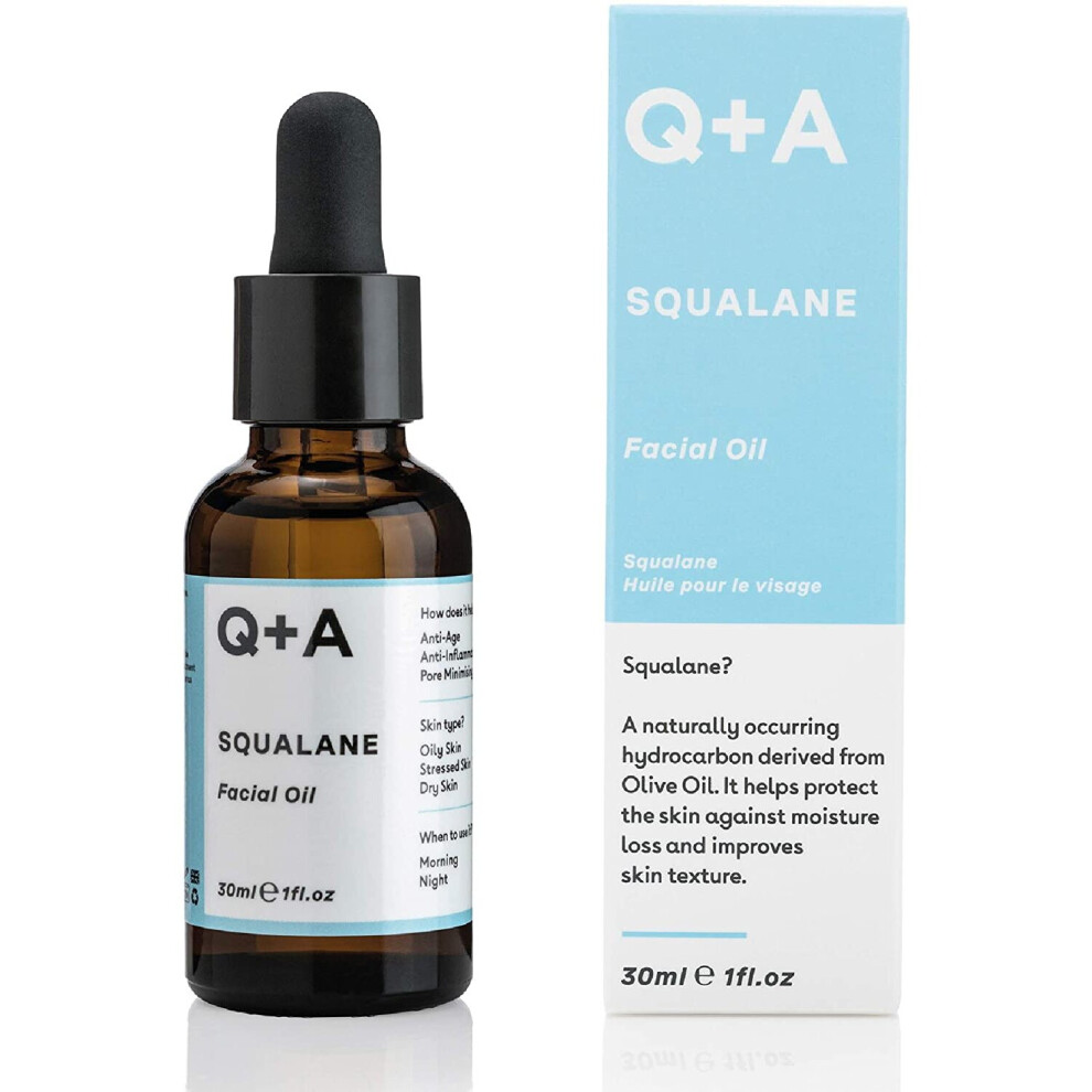 Q+A Squalane Facial Oil. A super hydrating, vegan facial oil derived from olive oil. 30ml/1fl.oz