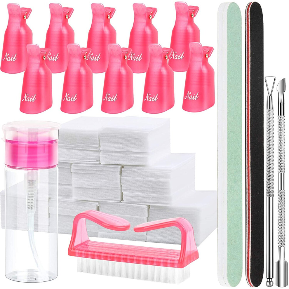 Fandamei Gel Nail Polish Remove Tool Kit - Nail Remove Clip, 100ml Nail Polish Remover Bottle, 500 Nail Remover Cotton Pad, Nail Brush, Cuticle