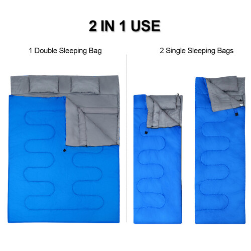 Gymax Double Sleeping Bag 4 Seasons Lightweight Camping Bag w/2 Pillows 1