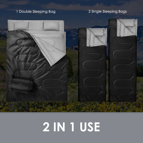 Gymax Double Sleeping Bag 4 Seasons Lightweight Camping Bag w/2 Pillows 1