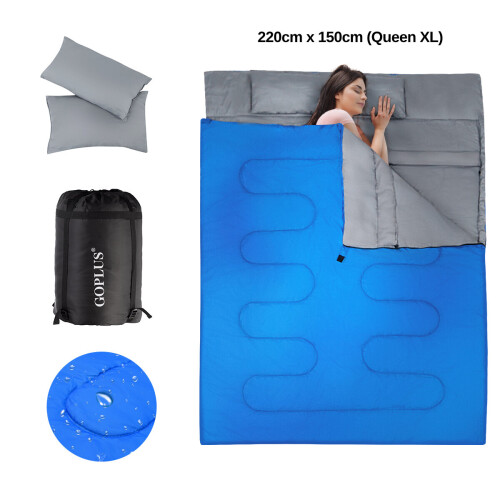 Gymax Double Sleeping Bag 4 Seasons Lightweight Camping Bag w/2 Pillows 2