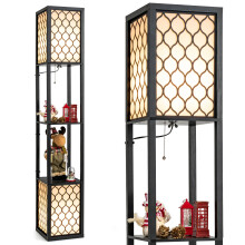 Modern Shelf Floor Lamp Freestanding Double Lamp W/ 2-Tier Wood Shelf
