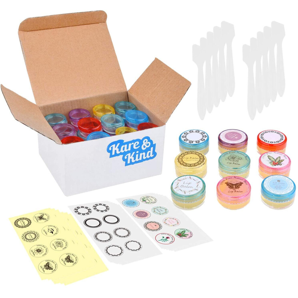 Kare & Kind Lip Balm Container Jars - For Cosmetics - 48-Pack - 6 Colors - Diy - Transparent - 5 Gram (5 Ml/0.17 Oz) - Including 48 Writeable & 48 Printed Lip