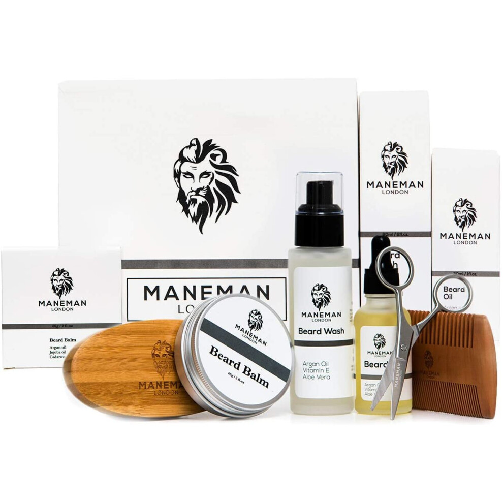 Maneman London Beard Grooming Kit For Men - 7 Piece Gift Set, Shampoo, Oil, Softens,Itch Free Relief