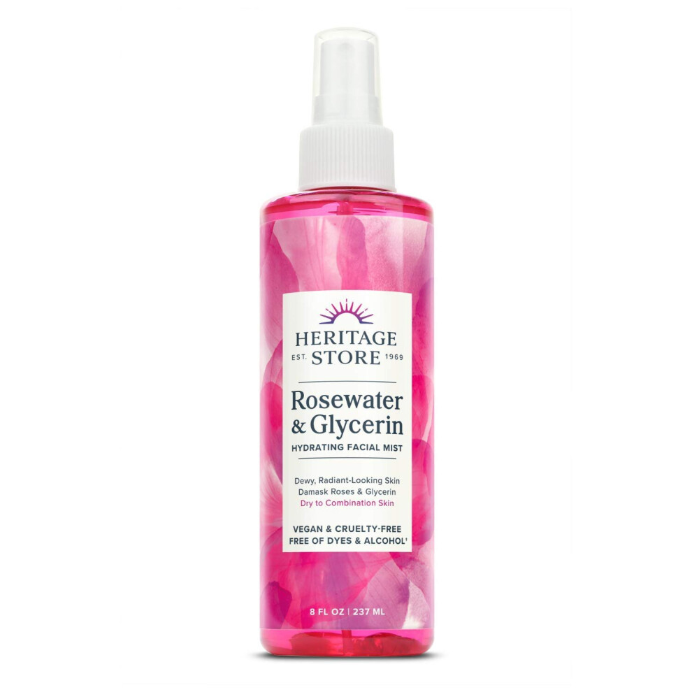 HERITAGE STORE Rosewater with Glycerin | Alcohol Free, 100% Pure Vegan | Benefits Skin, Hair & More | Facial Toner & Moisturizer | Mist Spray | 8 oz