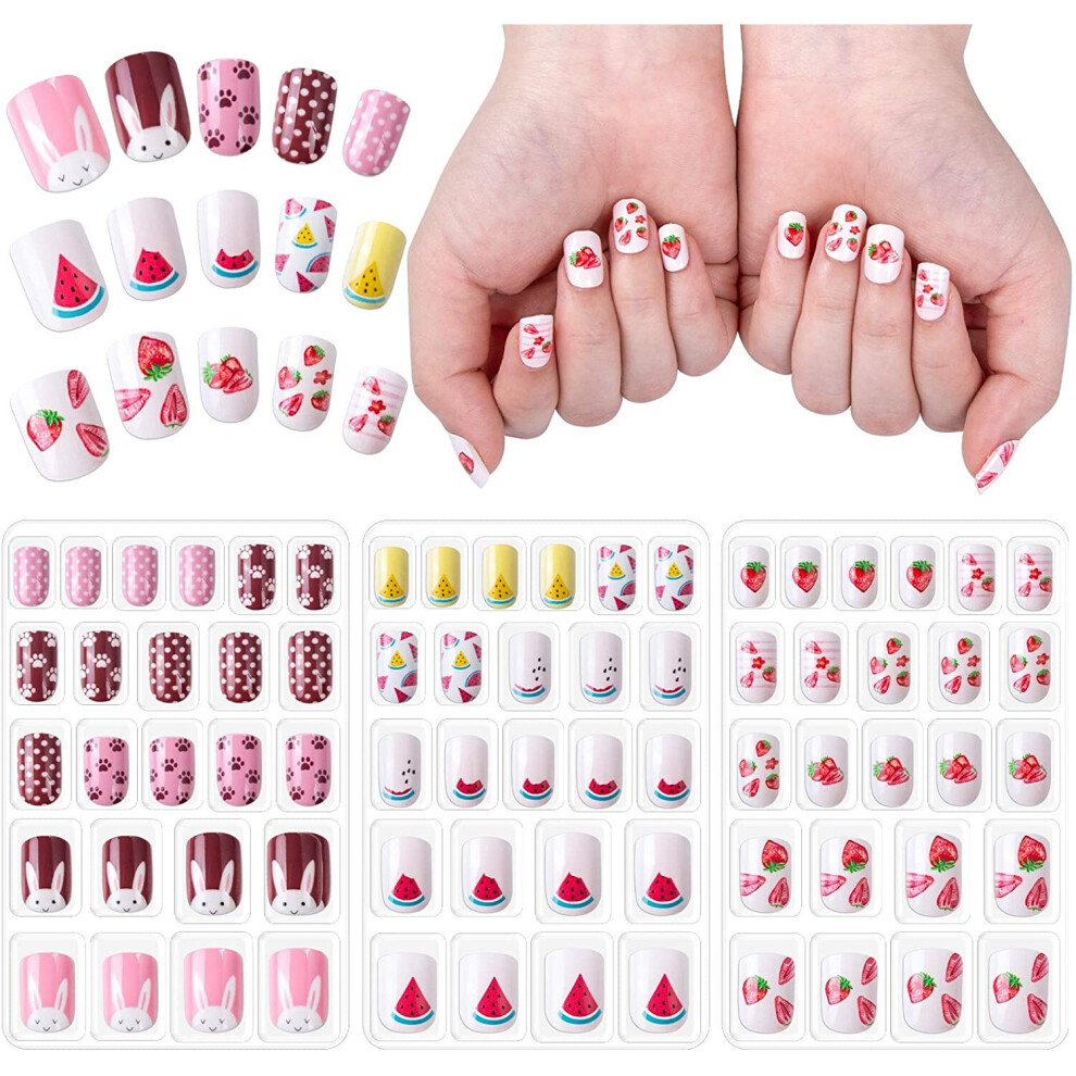 Kiiwah 72Pcs Kids Pre-Glued Full-Cover Artificial Nails Â 3 Cute Styles, Safe Abs, Easy Press-On Nails For Girls 6+, Diy Nail Art Gift