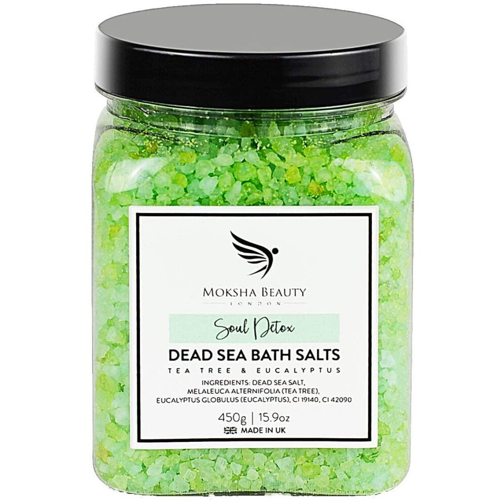 Moksha Beauty Tea Tree Foot Soak Aromatherapy Bath Salts - Made In Uk (450G) Natural Dead Sea Salts For Women, Men, Girls And Kids. Luxury Detox With Tea Tree