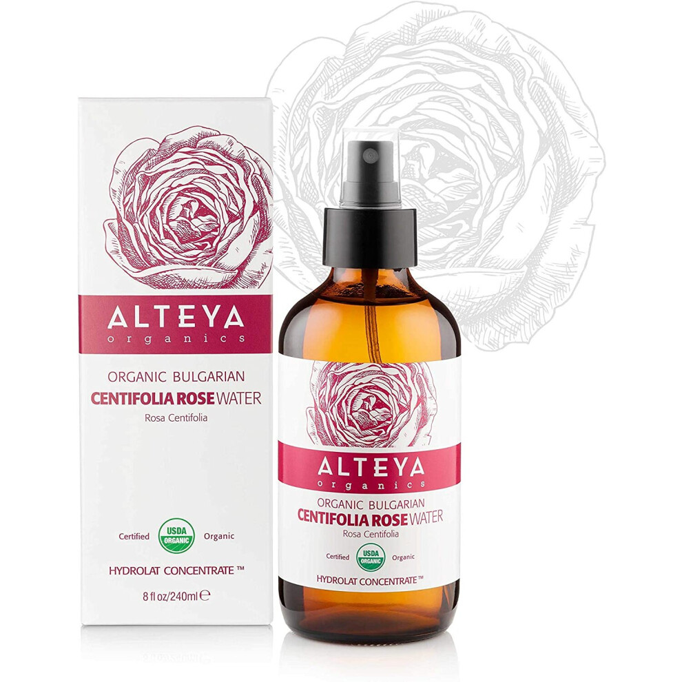 Alteya Organic Centifolia Rose Water Spray 240ml Glass bottle- 100% USDA Certified Organic Authentic Pure Rosa Centifolia Flower Water Steam-Distilled