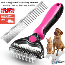 (Pink) Dematting Comb for Dog and Cat, Pet Grooming Rake Brushes Double Sided Deshedding Tool Removes Knots Tangled Hair