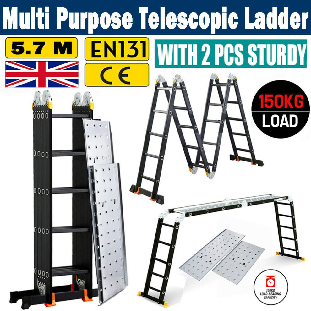 5.7M Multi Purpose Aluminium Folding Telescopic Ladder Extendable UK