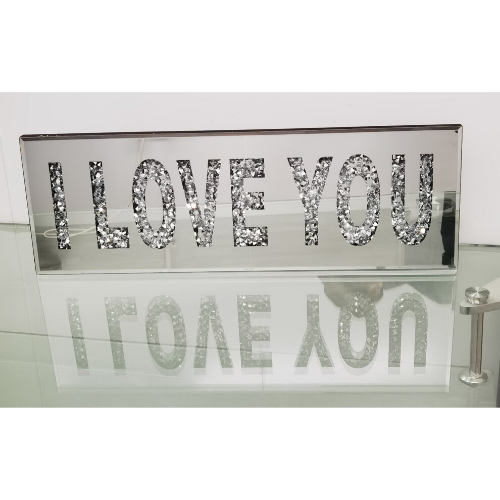 Large bling crushed crystal mirror i love you wall art plaque home