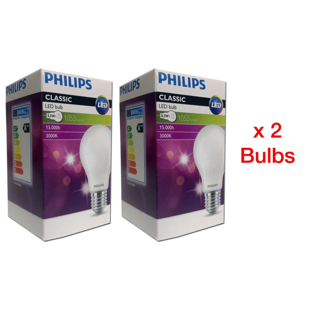 Philips E27 8.5W (75W) classic LED bulb, 3000K , 1055lm (2pk)