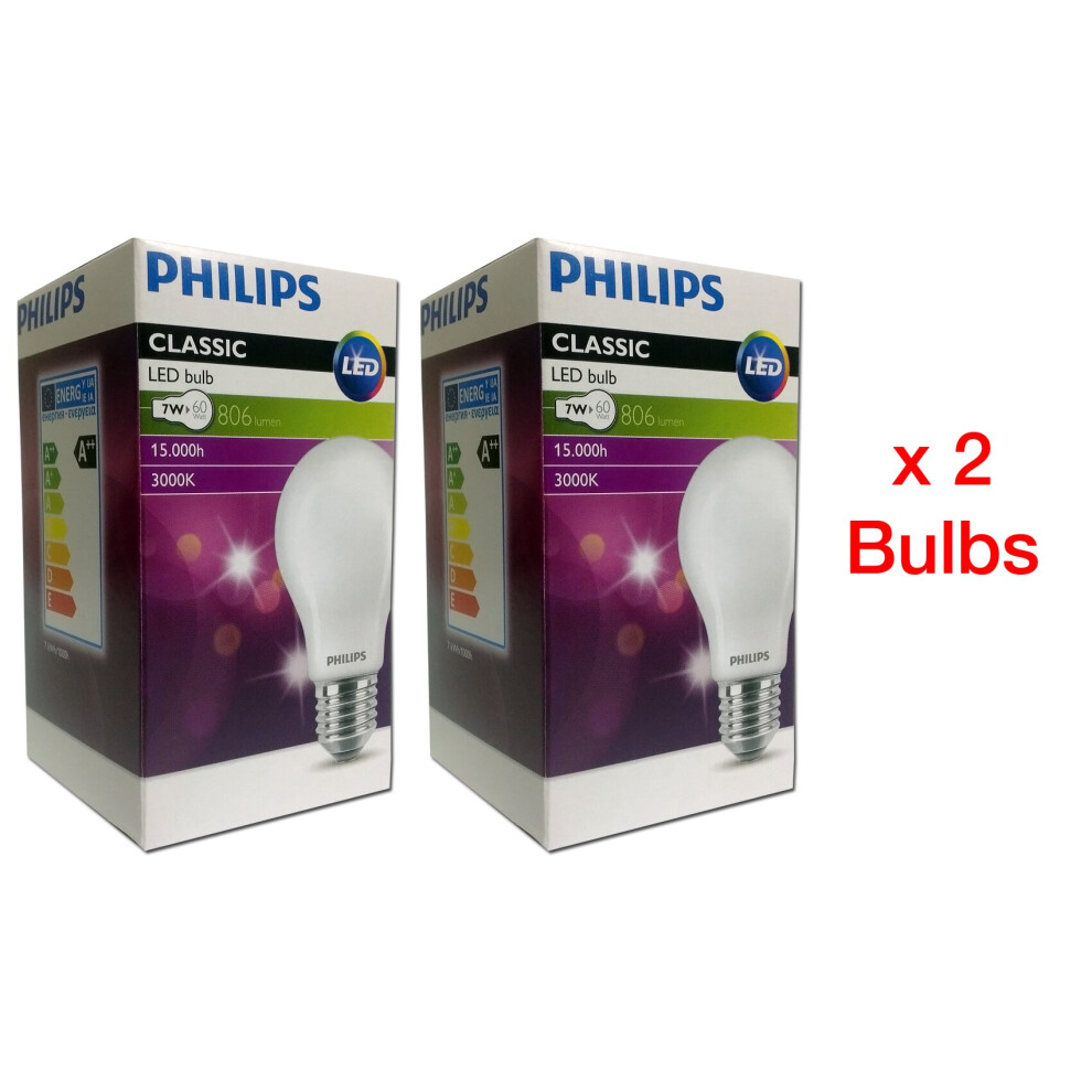 Philips E27 classic LED bulb, 7w (60w), 806lm, 3000K warm white (2 pk)