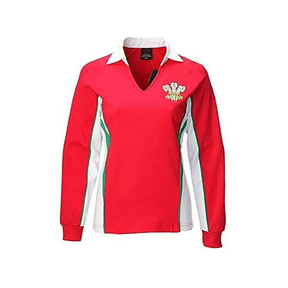 (Red, UK 12-14) New Women's Wales Welsh Cymru Am Byth Long Sleeve V Collar Rugby Shirt Top