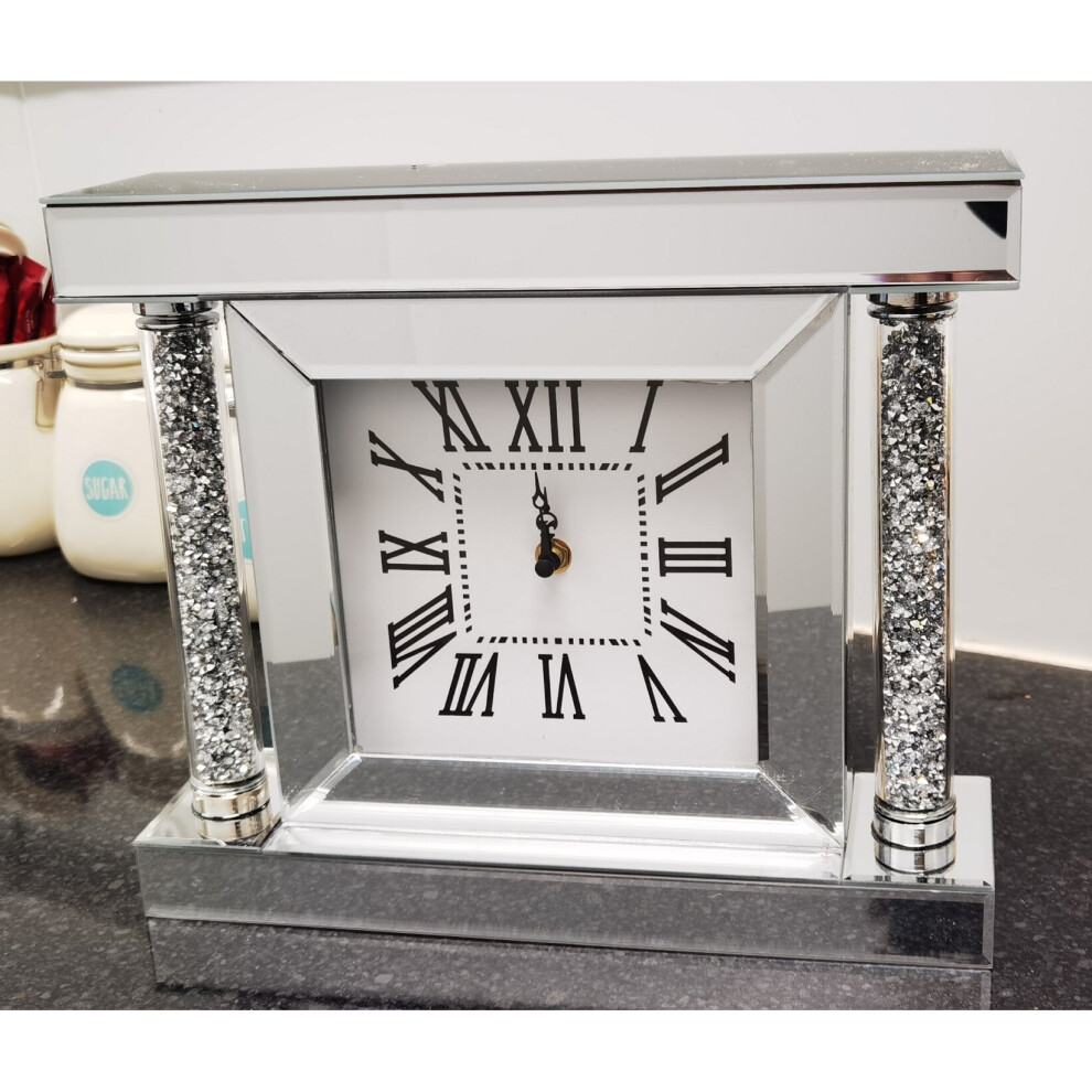 Crushed Jewel Mirror Wall Clock Roman Numbers Pillars 27 x32 x8cm