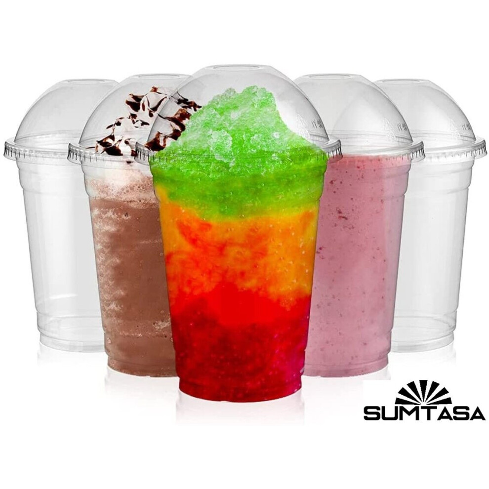 Sumtasa (16Oz, 100 Cups+Lids) Plain Strong Clear Plastic Smoothie Cups + Lids - 7Oz 10Oz 12Oz 16Oz 20Oz 24Oz Smoothies Milkshakes Slush Juices Recyclable Wash