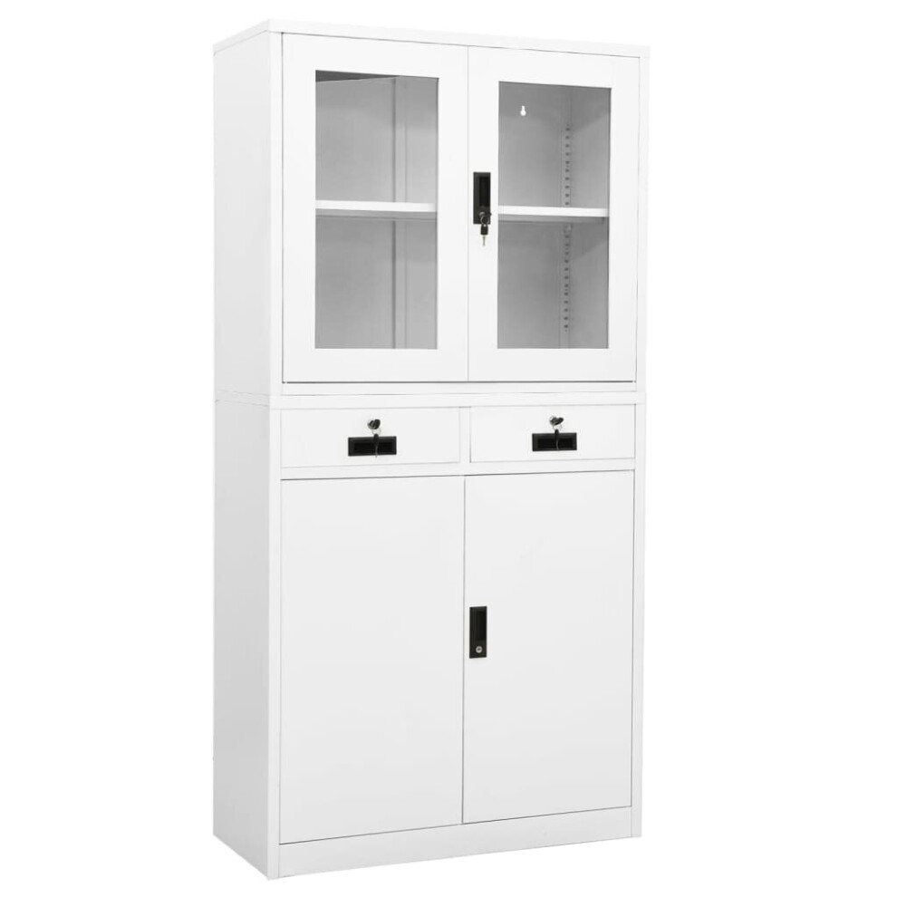 vidaXL Office Cabinet White Steel and Tempered Glass Filing Storage Cabinet
