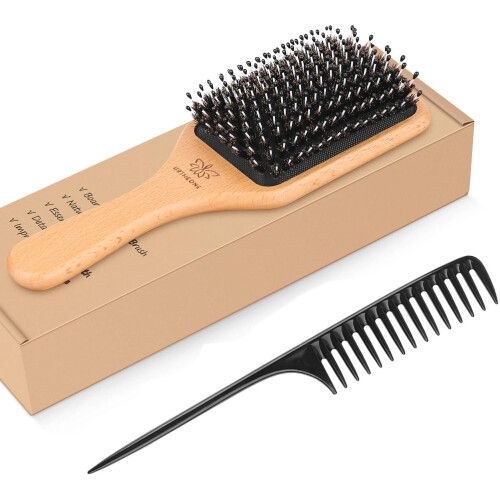 Hair Brush Boar Bristle Hairbrush for Thick Curly Thin Long Short Wet or Dry Hair Adds Shine and Makes Hair Smooth, Best Paddle Hair Brushes and Comb