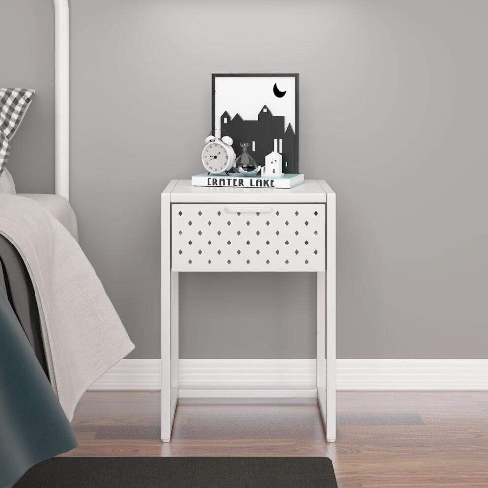 vidaXL Nightstand White Steel Bedroom Bedside Table Cabinet Telephone Stand