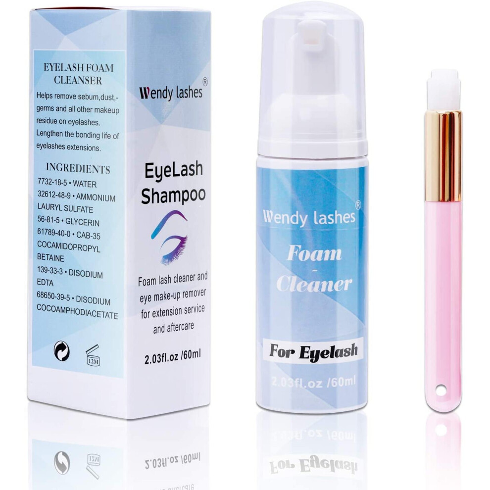 Wendy Lashes Lash Shampoo For Individual Eyelash Extensions, 60Ml Eyelash Cleanser Foam, Makeup Remover With Soft Brush