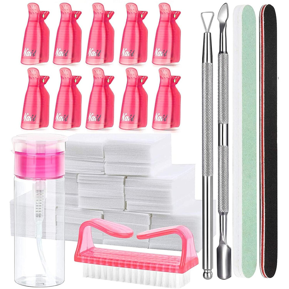 Nail Polish Gel Remover Tools Kit with Nail Clips, 100ml Nail Polish Remover Bottle, 500 Nail Remover Cotton Pad, Nail Brush, Cuticle Pusher, Cuticle