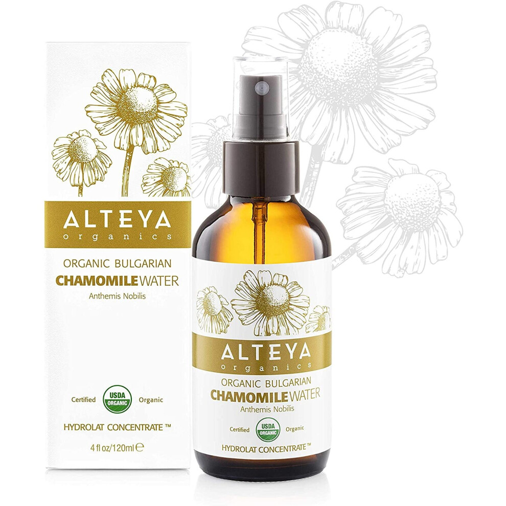 Alteya Organic Chamomile Water Spray 120 Ml Glass Bottle - Usda Certified Organic Floral Water Steam-Distilled From Fresh Anthemis Nobilis Flowers