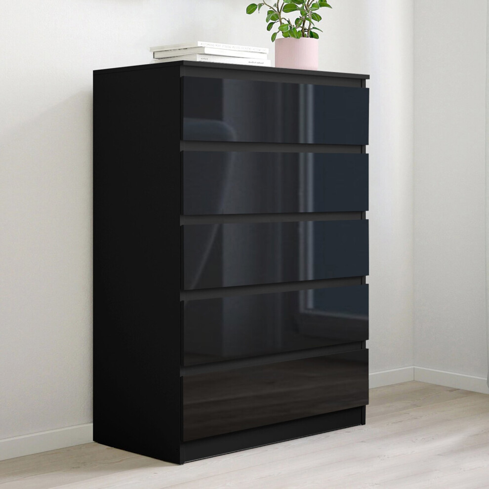 (Black) High Gloss Chest of Drawers Bedside Table Cabinet 5 Drawer Bedroom Furniture