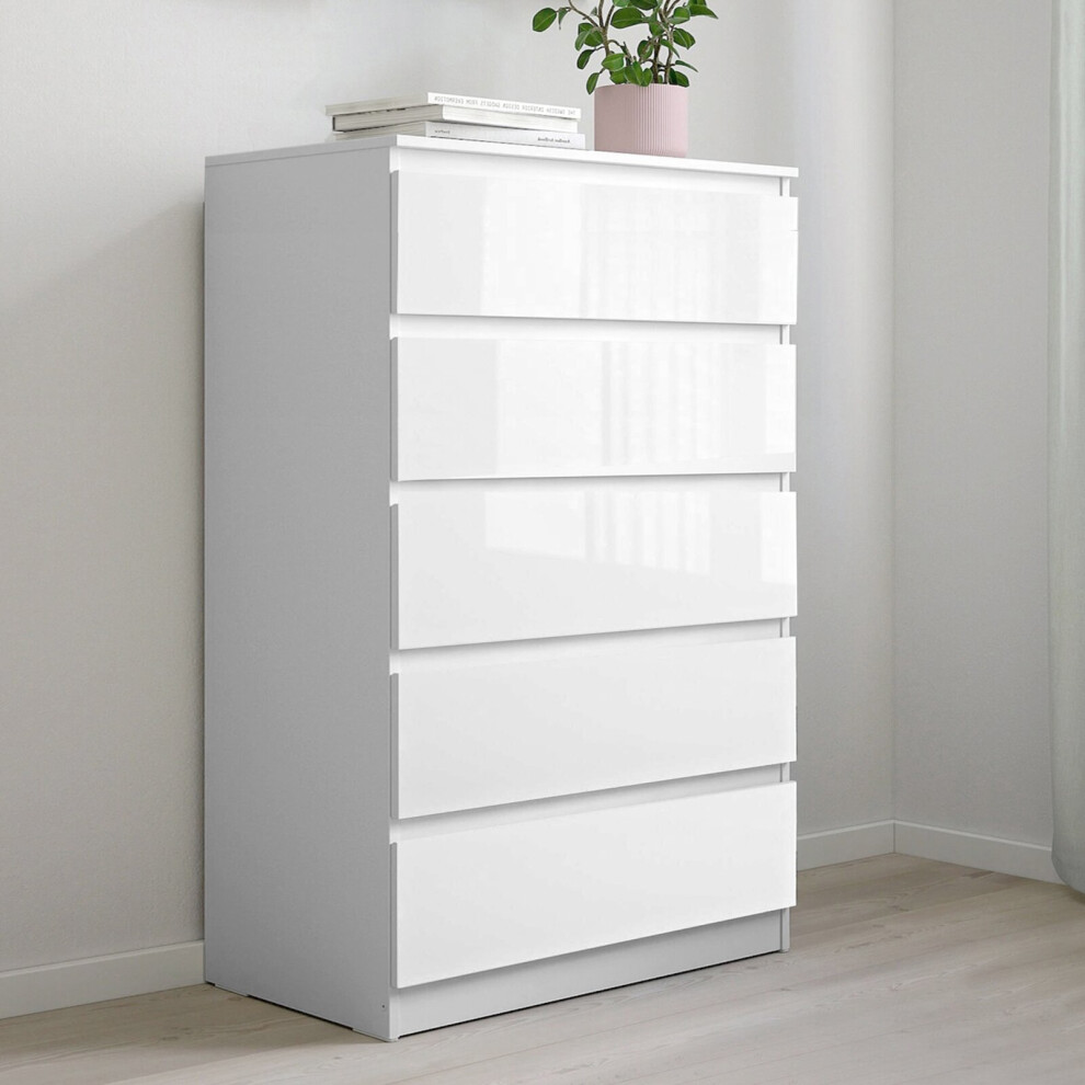 (White) High Gloss Chest of Drawers Bedside Table Cabinet 5 Drawer Bedroom Furniture