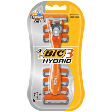 BiC 3 Hybrid Men's Triple Blade Razors, 1 Handle + 6 Refills, Disposable Razors, Body Trimmer, Manual Shaving Kit, Razor Blades, Face Razors, Fuzz