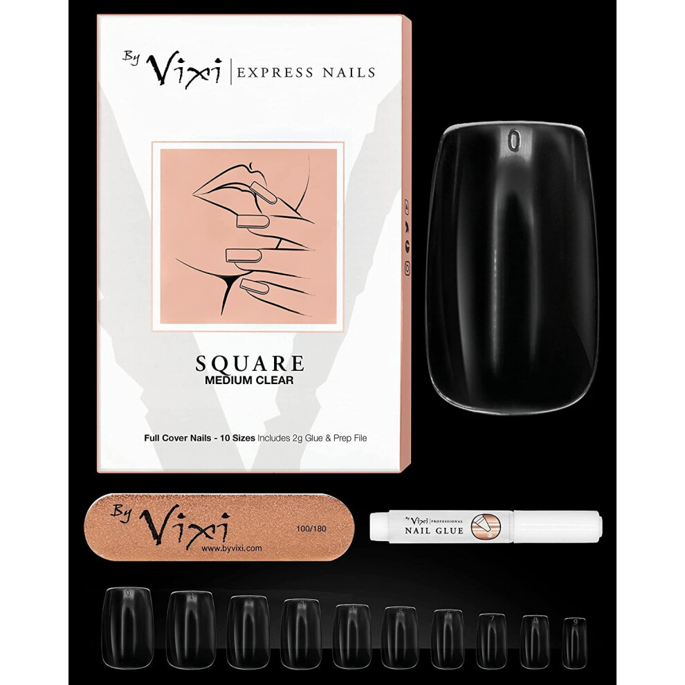 By Vixi 600 Pieces Medium Square Nail Set With Free Glue & Prep File, 10 Sizes Â Clear Express Full Cover False Fingernail Extensions For Salon