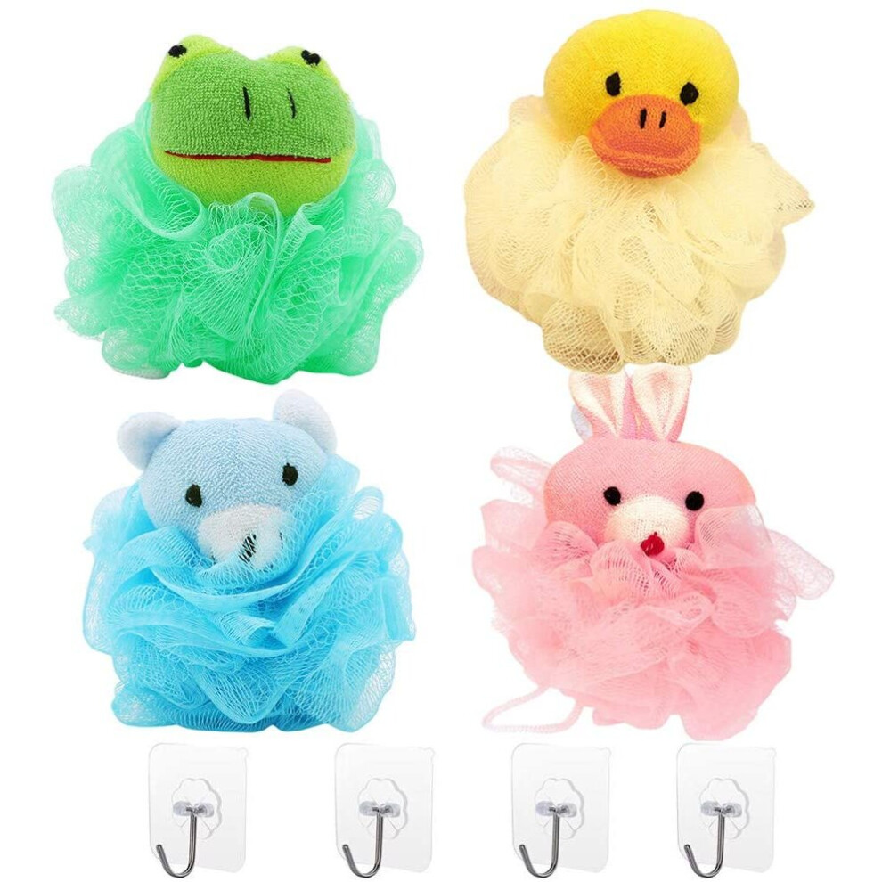 Gukasxi 4Pcs Bath Shower Sponge Loofahs, Children's Cute Animal Mesh Bath Shower Sponge,Bath Shower Ball Cartoon Bath Spong, Loofah Bath Sponge Bath Accessory
