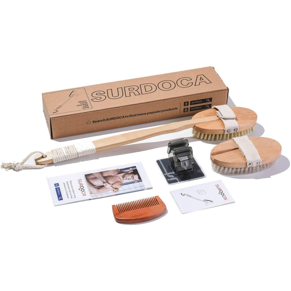 SURDOCA Dry Brushing Body Brush - Natural Wooden Long Handle Shower Back Scrubber with 2 Bath Brush Heads, Exfoliating for Men Women