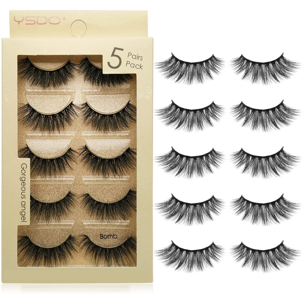 False Eyelashes 5 Pairs Reusable 3D Mink Lashes Handmade Natural Thick Fake Eyelashes Contains Stainless Steel Eyelash Tweezers (Bomb)