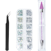Canvalite 1500PCS Rhinestones in 6 Sizes Flat Back Gems, Crystal AB Rhinestones Nail Art Gems with Pick Up Tweezers and Rhinestone Picker Dotting Pen,