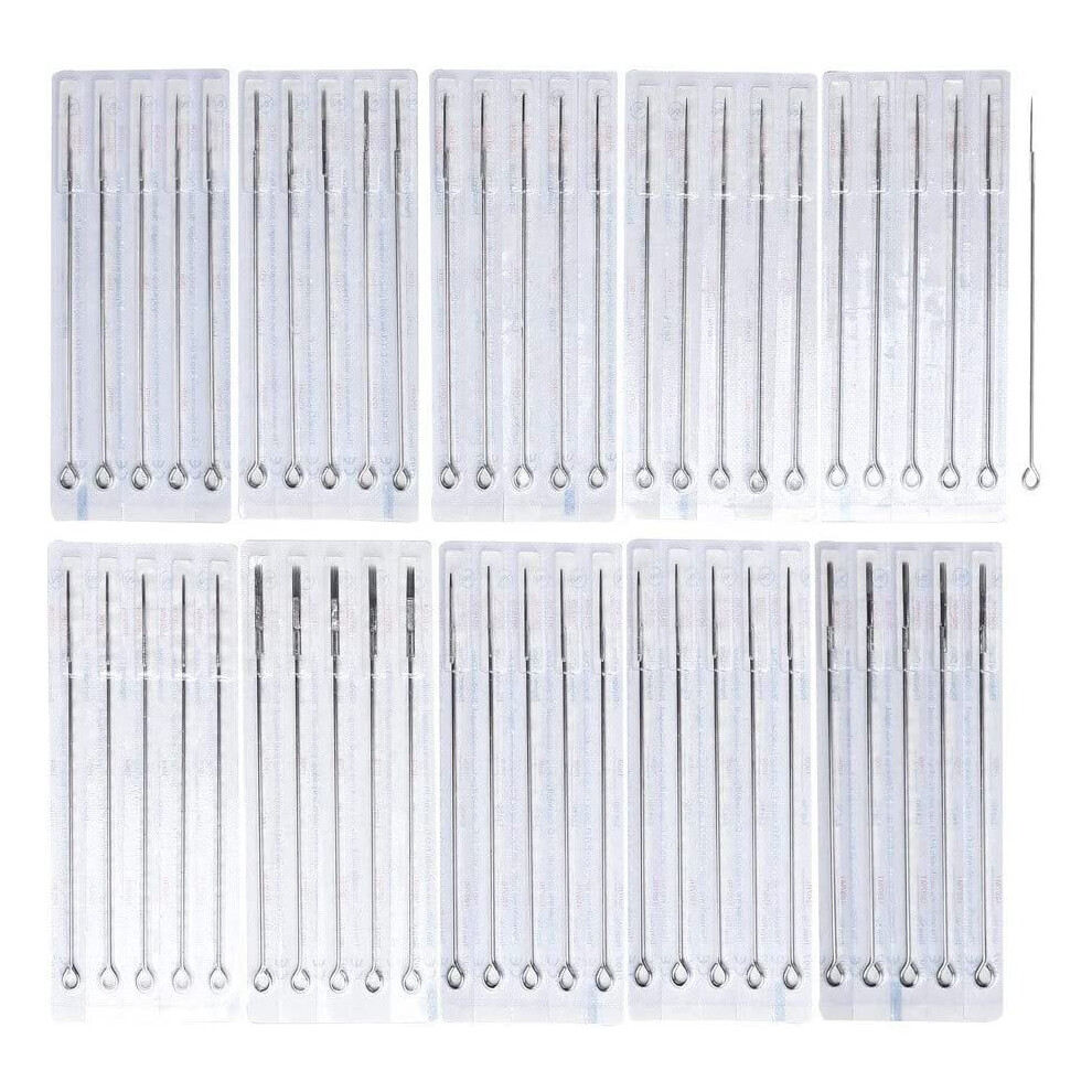 nuoshen 50PCS Mixed Tattoo Needles Set,Stainless Steel Piercing Needles 3R 5RL 7RL 9RL 5RS 7RS 9RS 5M1 7M1 9M1 Professional Permanent Tattoo Tool Kit