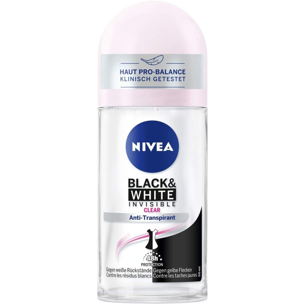 NIVEA Invisible for Black & White roll-on deodorant (50 ml), antiperspirant roller prevents deodorant stains on clothing, 48 hour deodorant with