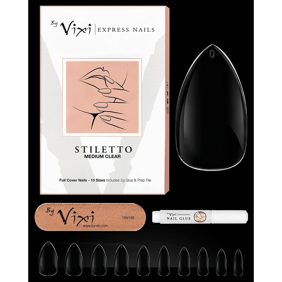 By Vixi 600 Pieces Medium Stiletto Nail Set With Free Glue & Prep File, 10 Sizes Â Clear Express Full Cover False Fingernail Extensions For Salon