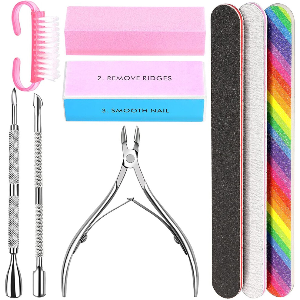 Nail File Set- 3pcs Double Sided Nail File, Rectangular Nail Buffer, Buffer Block Sponge Polished, Nail Brush, Come with Cuticle Nipper and Pusher,