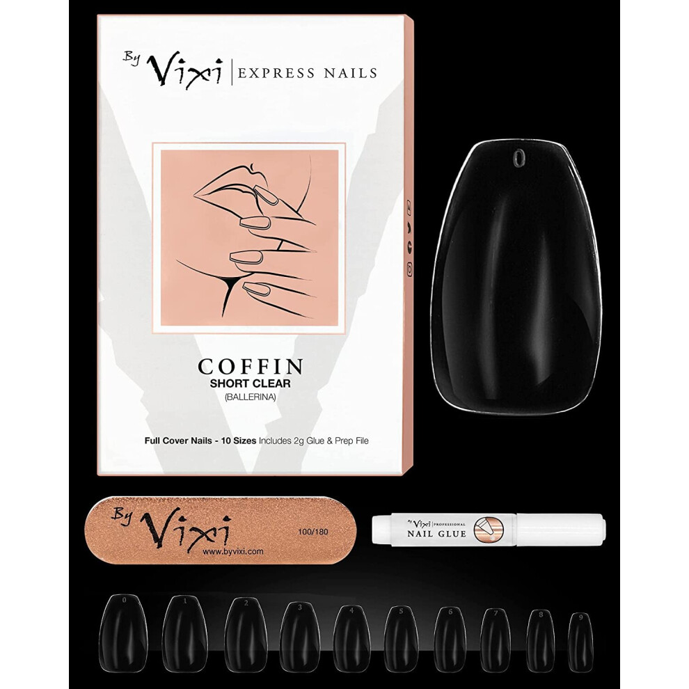 By Vixi 500 Pieces Short Coffin/Ballerina Nail Set With Free Glue & Prep File, 10 Sizes Â Clear Express Full Cover False Fingernail Extensions For
