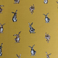 1m Mustard Yellow 100% Linen Fabric Shabby Animals Hare Digital Print Design for Upholstery, Curtains, Cushion