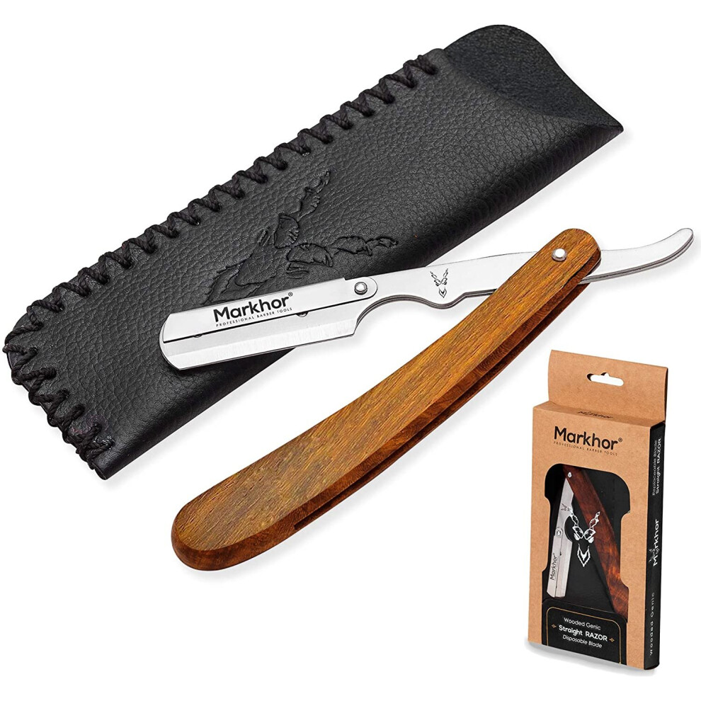 Markhor® Cut Throat Razor Kit, Wooded Genic Straight Razor, Professional Barber Razor, Premium Quality Straight Edge Razor, Moustache & Beard Shaving 