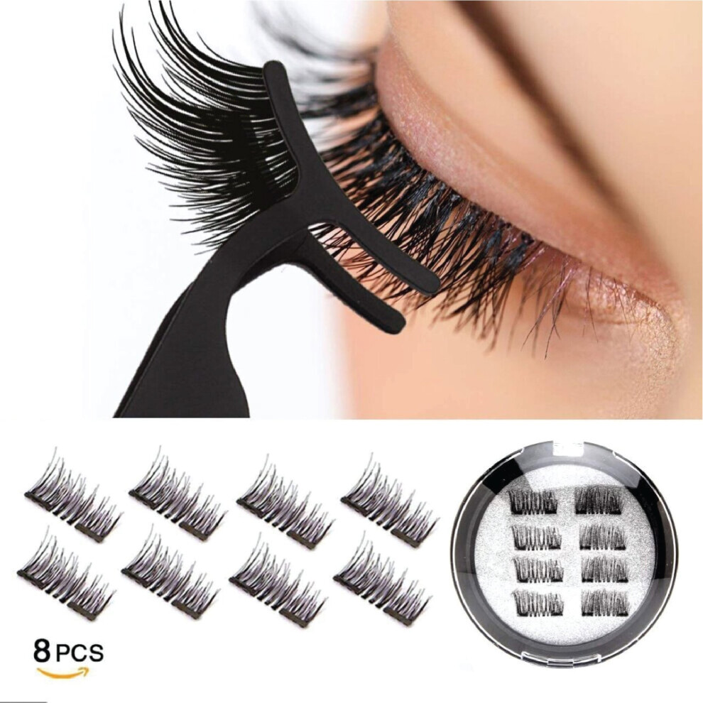 Dual Magnetic Eyelashes, 0.2mm Ultra Thin Magnet, Light weight & Easy to Wear, Best 3D Reusable Eyelashes with Applicator (8 PC+Tweezers)