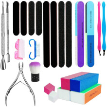 24 Pack Nail File Set with 100/180 Grit Nail Files 7 Ways Buffer Block Cuticle Nipper and Pusher Nail Scrubbing Brushes Nail Dust Brush for Dead Skin